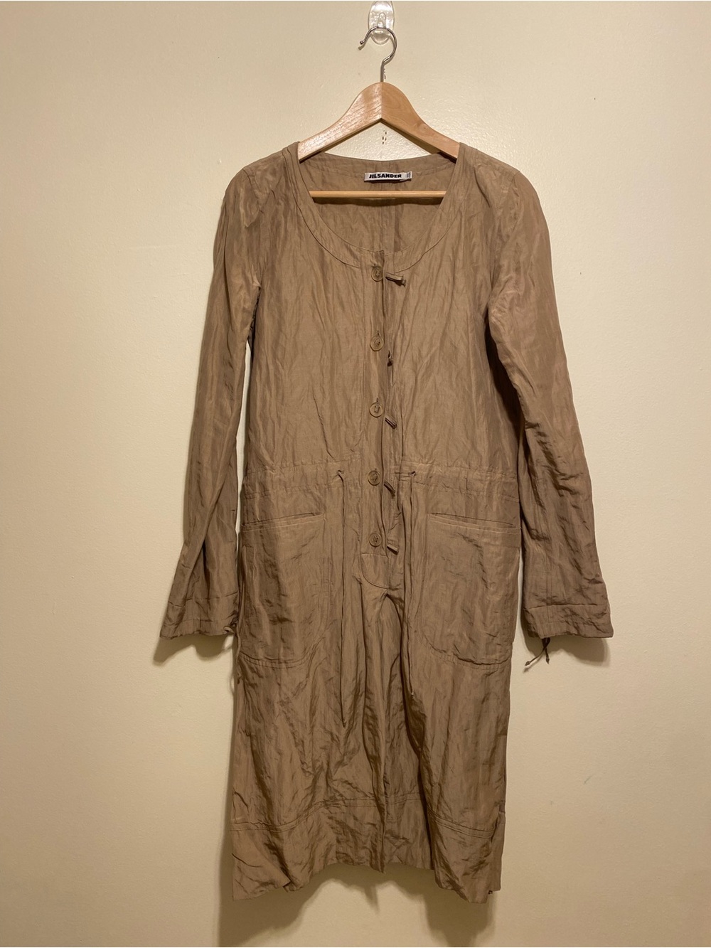 Jil Sander Taupe Long Sleeve Button Front Dress. Size 38